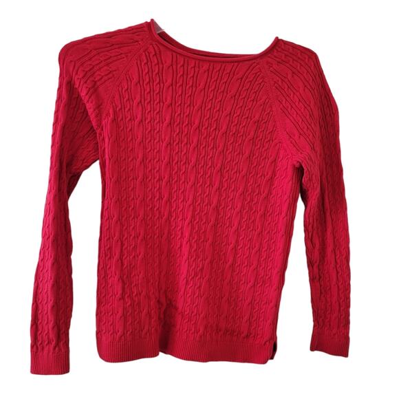 Lands' End Red Cableknit Sweater Medium Tall Long Sleeve 100% Cotton - Picture 1 of 4